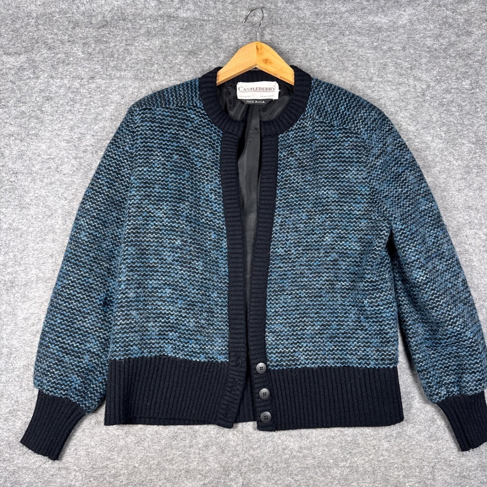 Vintage Castleberry Cardigan Womens 10 Green Blue Open Front Long Sleeve London